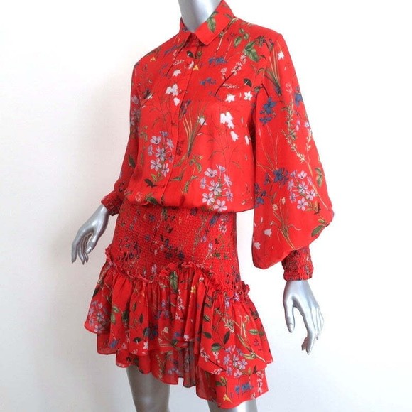 Alexis Mini Dress Rianna Red Floral Print Smocked Satin Size Extra Small - Picture 2 of 7